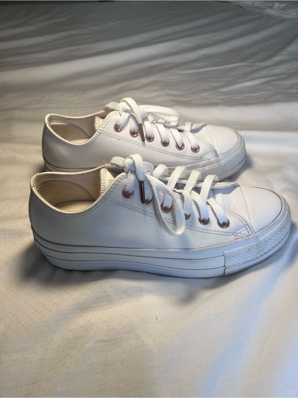 Converse White Low-Top Leather Sneakers with Rose Gold Eyelets